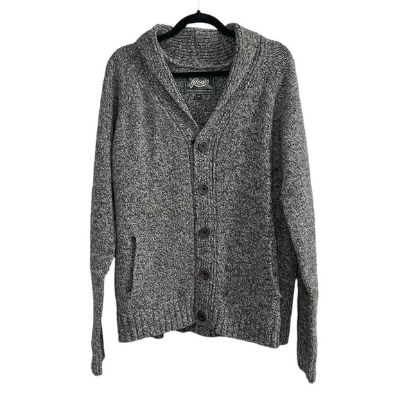 ROOTS Canada Men’s Cabin Wool Button Front Chunky Knit Cardigan Sweater Gray L - Picture 1 of 6